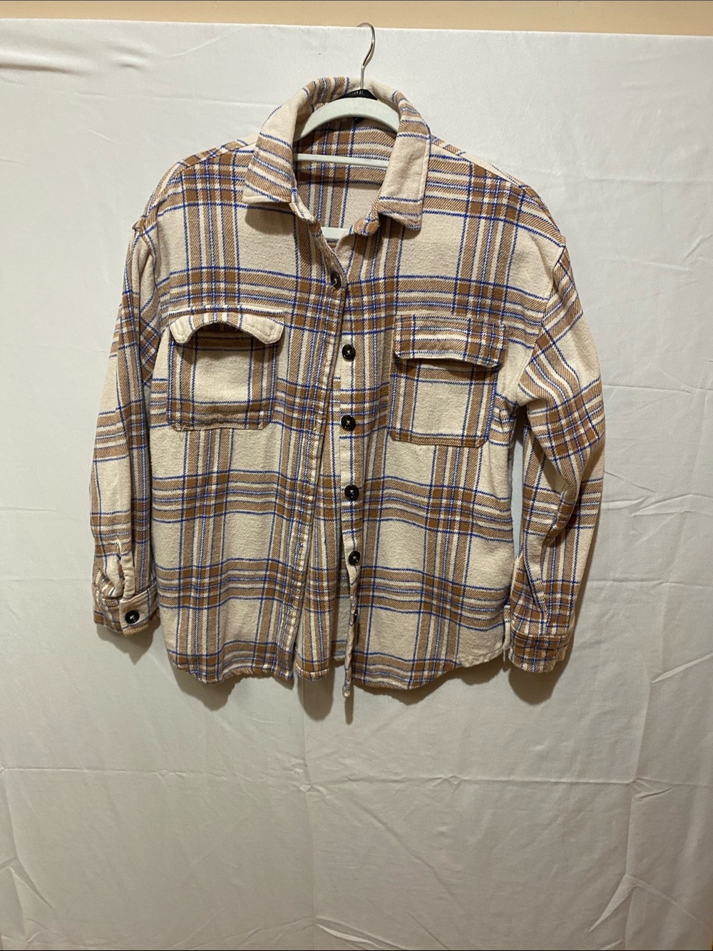 Forever 21 Plaid Shacket - Cream, Brown & Blue